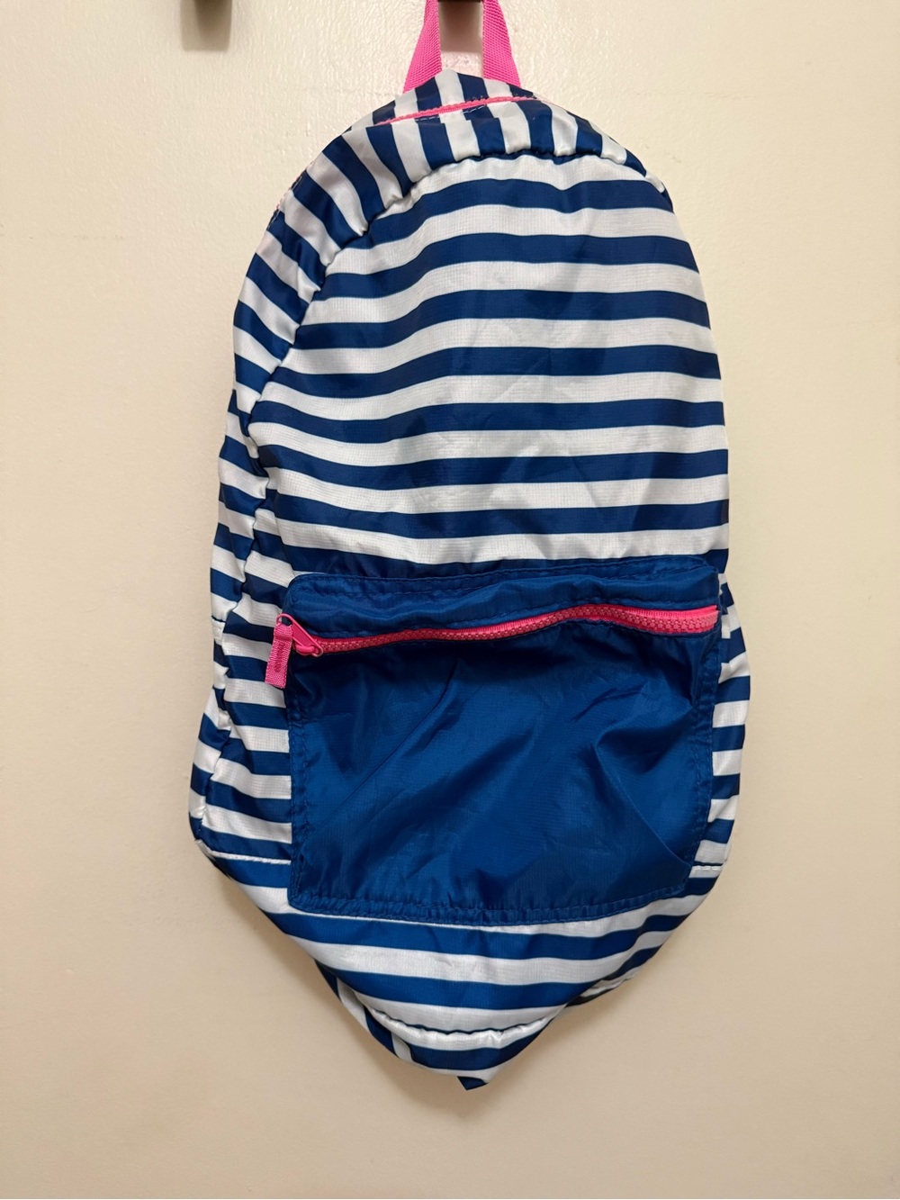 No Boundaries Striped Navy & White Foldable Backpack with Pink Accents